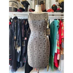 vintage 1990s brocade sheath dress med brown and silver sleeveless minimalist